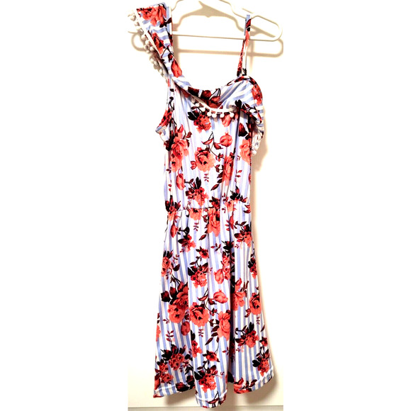 Blue White Striped Floral Assymetrical Off Shoulder HiLo Skirted Romper Size 4T - Picture 6 of 10